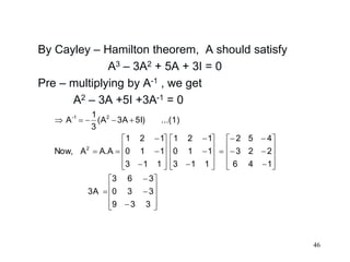46
By Cayley – Hamilton theorem, A should satisfy
A3 – 3A2 + 5A + 3I = 0
Pre – multiplying by A-1 , we get
A2 – 3A +5I +3A-1 = 0
























































339
330
363
3A
146
223
452
113
110
121
113
110
121
A.AANow,
(1)...5I)3A(A
3
1
A
2
21-
 