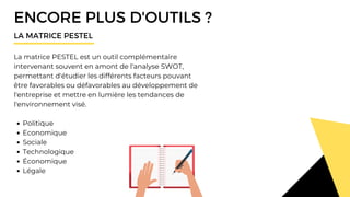 Politique
Economique
Sociale
Technologique
Économique
Légale
La matrice PESTEL est un outil complémentaire
intervenant souvent en amont de l'analyse SWOT,
permettant d'étudier les différents facteurs pouvant
être favorables ou défavorables au développement de
l'entreprise et mettre en lumière les tendances de
l'environnement visé.
ENCORE PLUS D'OUTILS ?
LA MATRICE PESTEL
 