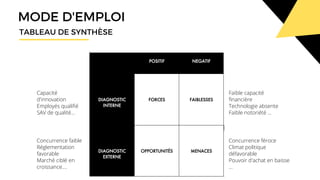 MODE D'EMPLOI
TABLEAU DE SYNTHÈSE
Capacité
d'innovation
Employés qualifié
SAV de qualité...
Concurrence faible
Réglementation
favorable
Marché ciblé en
croissance....
Faible capacité
financière
Technologie absente
Faible notoriété ...
Concurrence féroce
Climat politique
défavorable
Pouvoir d'achat en baisse
...
 
