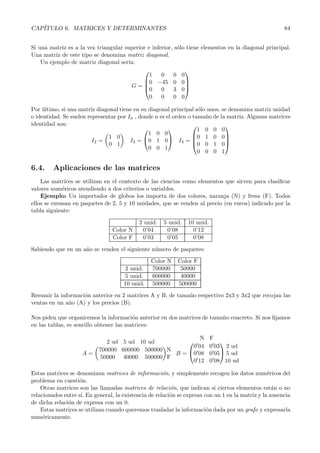 CAP´
   ITULO 6. MATRICES Y DETERMINANTES                                                                   84


Si una matriz es a la vez triangular superior e inferior, s´lo tiene elementos en la diagonal principal.
                                                           o
Una matriz de este tipo se denomina matriz diagonal.
    Un ejemplo de matriz diagonal ser´ıa:
                                                             
                                               1    0    0 0
                                            0 −45 0 0
                                       G=  0
                                                              
                                                    0    3 0
                                               0    0    0 0

Por ultimo, si una matriz diagonal tiene en su diagonal principal s´lo unos, se denomina matriz unidad
     ´                                                              o
o identidad. Se suelen representar por In , donde n es el orden o tama˜o de la matriz. Algunas matrices
                                                                      n
identidad son:                                                               
                                                                  1 0 0 0
                                                1 0 0                        
                               1 0            0 1 0 I4 = 0 1 0 0
                         I2 =           I3 =                      0 0 1 0
                               0 1
                                                0 0 1
                                                                    0 0 0 1

6.4.     Aplicaciones de las matrices
    Las matrices se utilizan en el contexto de las ciencias como elementos que sirven para clasiﬁcar
valores num´ricos atendiendo a dos criterios o variables.
             e
    Ejemplo: Un importador de globos los importa de dos colores, naranja (N) y fresa (F). Todos
ellos se envasan en paquetes de 2, 5 y 10 unidades, que se venden al precio (en euros) indicado por la
tabla siguiente:

                                            2 unid.   5 unid.   10 unid.
                                 Color N     0’04      0’08       0’12
                                 Color F     0’03      0’05       0’08

Sabiendo que en un a˜o se venden el siguiente n´mero de paquetes:
                    n                          u

                                                 Color N   Color F
                                     2 unid.     700000     50000
                                     5 unid.     600000     40000
                                     10 unid.    500000    500000

Resumir la informaci´n anterior en 2 matrices A y B, de tama˜ o respectivo 2x3 y 3x2 que recojan las
                    o                                       n
ventas en un a˜o (A) y los precios (B).
              n

Nos piden que organicemos la informaci´n anterior en dos matrices de tama˜ o concreto. Si nos ﬁjamos
                                         o                               n
en las tablas, es sencillo obtener las matrices:

                                                         N                 F
                              2 ud 5 ud 10 ud                                 
                                                      0 04                 0 03 2 ud
                           700000 600000 500000 N    0 08
                    A=                            B=                       0 05 5 ud
                           50000 40000 500000 F
                                                      0 12                 0 08 10 ud

Estas matrices se denominan matrices de informaci´n, y simplemente recogen los datos num´ricos del
                                                      o                                          e
problema en cuesti´n.
                    o
    Otras matrices son las llamadas matrices de relaci´n, que indican si ciertos elementos est´n o no
                                                         o                                         a
relacionados entre s´ En general, la existencia de relaci´n se expresa con un 1 en la matriz y la ausencia
                    ı.                                   o
de dicha relaci´n de expresa con un 0.
               o
    Estas matrices se utilizan cuando queremos trasladar la informaci´n dada por un grafo y expresarla
                                                                        o
num´ricamente.
     e
 