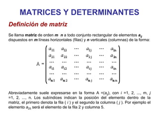 MATRICES Y DETERMINANTES
Definición de matriz
Se llama matriz de orden m n a todo conjunto rectangular de elementos aij
dispuestos en m líneas horizontales (filas) y n verticales (columnas) de la forma:




Abreviadamente suele expresarse en la forma A =(aij), con i =1, 2, ..., m, j
=1, 2, ..., n. Los subíndices indican la posición del elemento dentro de la
matriz, el primero denota la fila ( i ) y el segundo la columna ( j ). Por ejemplo el
elemento a25 será el elemento de la fila 2 y columna 5.
 