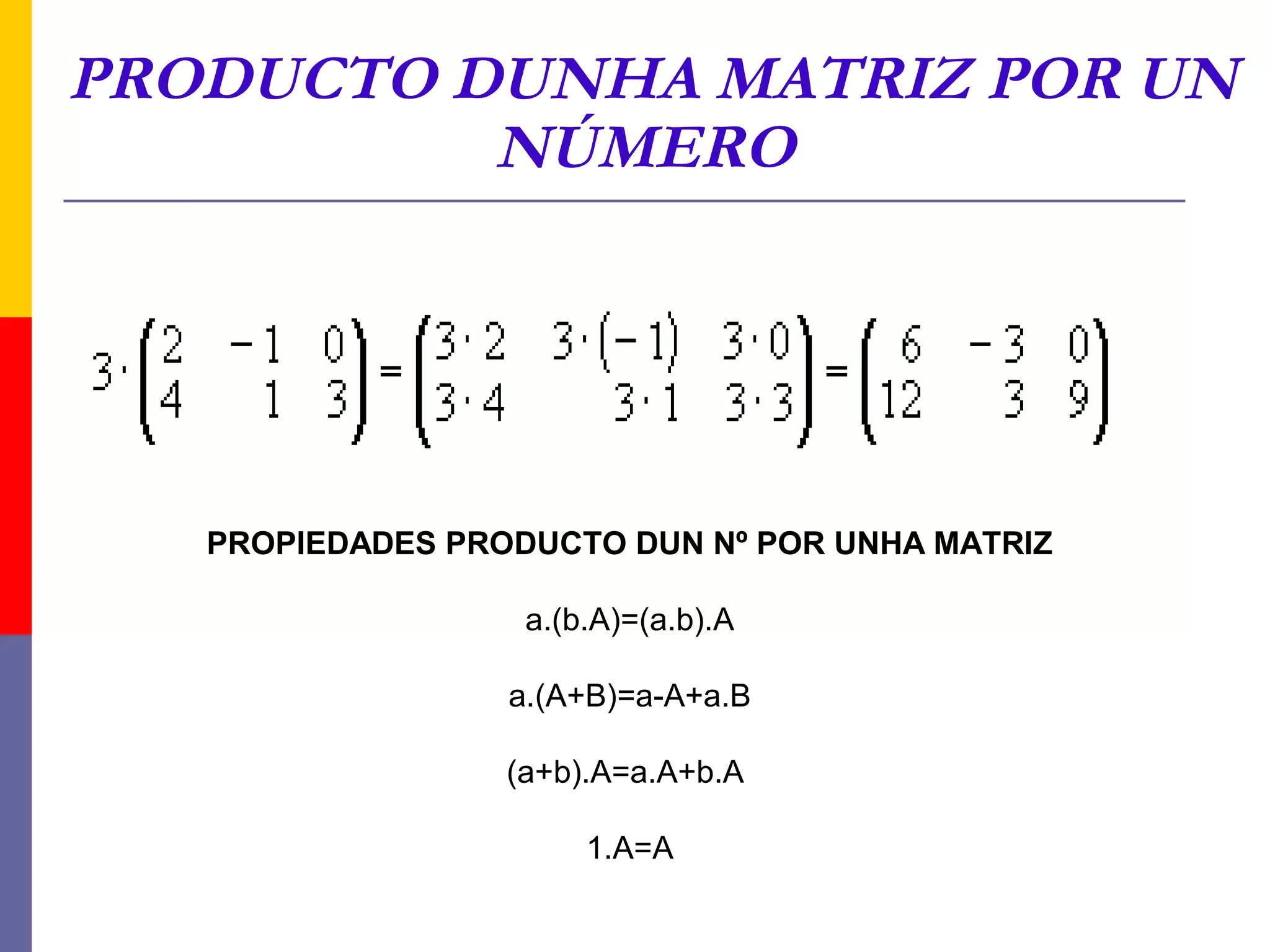 PRODUCTO DUNHA MATRIZ POR UN
          NÚMERO




   PROPIEDADES PRODUCTO DUN Nº POR UNHA MATRIZ

                   a.(b.A)=(a.b).A

                  a.(A+B)=a-A+a.B

                  (a+b).A=a.A+b.A

                       1.A=A
 