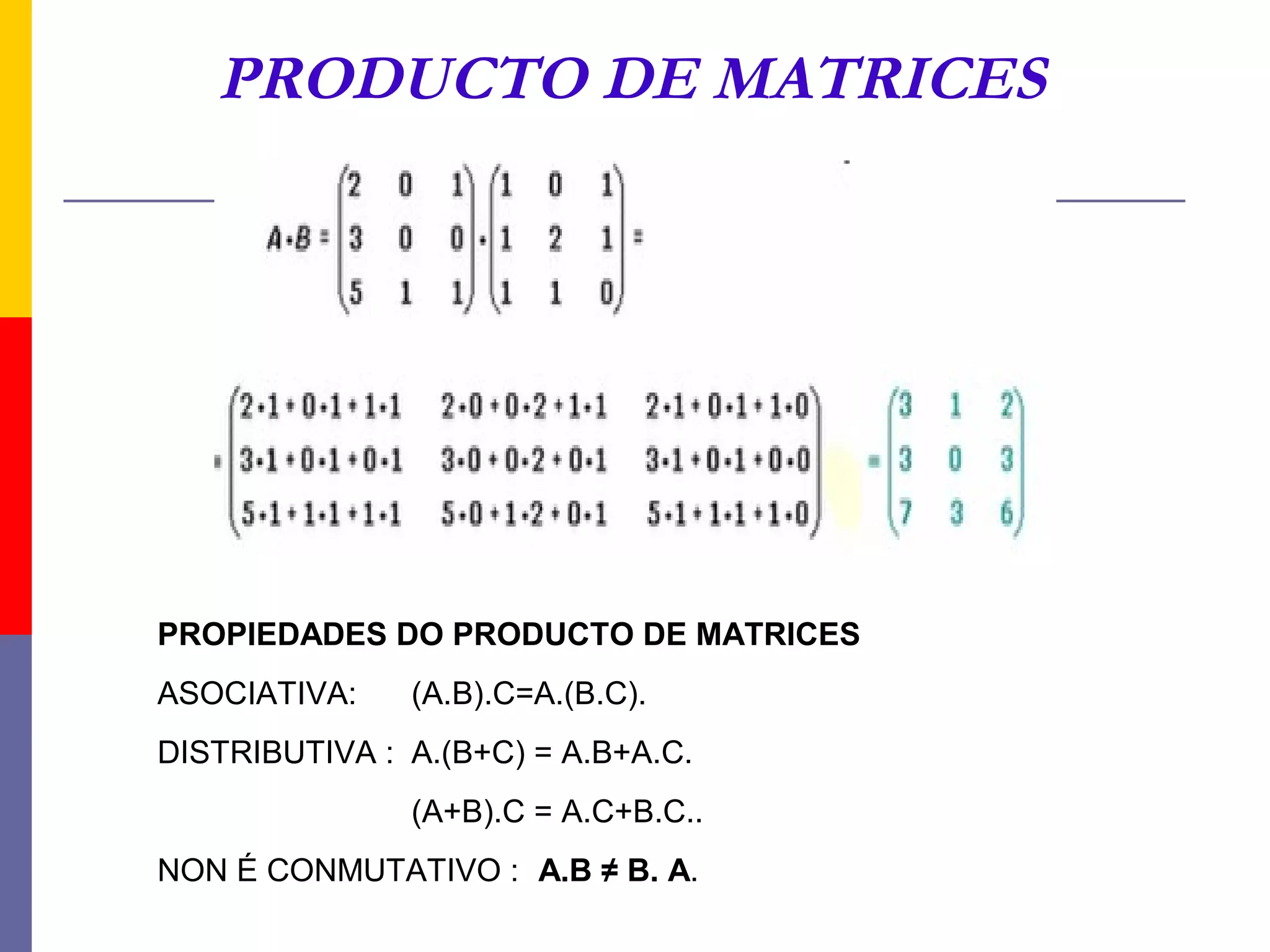 PRODUCTO DE MATRICES




PROPIEDADES DO PRODUCTO DE MATRICES
ASOCIATIVA:    (A.B).C=A.(B.C).
DISTRIBUTIVA : A.(B+C) = A.B+A.C.
               (A+B).C = A.C+B.C..
NON É CONMUTATIVO : A.B ≠ B. A.
 