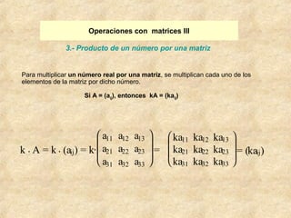 Operaciones con matrices III 
Para multiplicar un número real por una matriz, se multiplican cada uno de los 
elementos de la matriz por dicho número. 
Si A = (aij), entonces kA = (kaij) 
k . A = k . (aij) = k· 
è ç ç æ 
ø ÷ ÷ ö 
a11 a12 a13 
a21 a22 a23 
a31 a32 a33 
= 
è ç ç æ 
ø ÷ ÷ ö 
ka11 ka12 ka13 
ka21 ka22 ka23 
ka31 ka32 ka33 
= (kaij) 
3.- Producto de un número por una matriz 
 