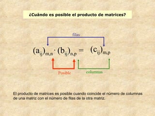 ¿Cuándo es posible el producto de matrices? 
(aij)m,n 
. (bij)n,p = 
Posible 
filas 
(cij)m,p 
columnas 
El producto de matrices es posible cuando coincide el número de columnas 
de una matriz con el número de filas de la otra matriz. 
 