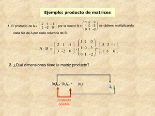 Ejemplo: producto de matrices 
2. ¿Qué dimensiones tiene la matriz producto? 
(aij)2,3 
. (bij)3,3 = 
producto 
posible 
(cij) 
2, 3 
A · B = 
è ç ç æ 
ø ÷ ÷ ö 2 1 –1 
3 –2 0 
. 
è ç 
ç æ 
ø ÷ 
÷ ö 
1 2 0 
1 0 –3 
0 1 –2 
= 
è ç ç æ 
ø ÷ ÷ ö 
3 3 –1 
1 6 6 
 