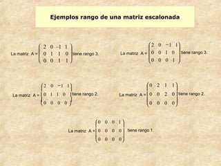 Ejemplos rango de una matriz escalonada 
è ç ç æ 
ø ÷ ÷ ö 
2 0 –1 1 
0 1 1 0 
0 0 1 1 
La matriz A = t iene rango 3. 
ö 
2 0 1 1 
÷ 
La matriz A = ÷ 
tiene rango 2. 
÷ 
ø 
æ - 
ç 
ç 
ç 
è 
0 1 1 0 
0 0 0 0 
ö 
2 0 1 1 
÷ ÷ ÷ 
La matriz A = tiene rango 3. 
ø 
æ - 
ç ç ç 
è 
0 0 1 0 
0 0 0 1 
ö 
÷ ÷ ÷ 
La matriz A = tiene rango 2. 
ø 
æ 
ç ç ç 
è 
0 2 1 1 
0 0 2 0 
0 0 0 0 
ö 
÷ ÷ ÷ 
La matriz A = tiene rango 1. 
ø 
æ 
ç ç ç 
è 
0 0 0 1 
0 0 0 0 
0 0 0 0 
 