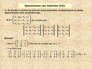 Operaciones con matrices (III) 
V.- Si una fila o columna es suma de varios sumandos, se descompone en tantos 
determinantes como sumandos haya 
Ejemplo: 
· Sea A = 
è ç ç æ 
ø ÷ ÷ ö 2 3 –1 
1 5 2 
4 13 4 
. Entonces se cumple que | A | = 7 
· Y se tiene que: 
è ç ç æ 
ø ÷ ÷ ö 
2 3 –1 
1 5 2 
4 13 4 
= 
è ç ç æ 
ø ÷ ÷ ö 
1 + 1 3 –1 
3 – 2 5 2 
1 + 3 13 4 
= 
è ç ç æ 
ø ÷ ÷ ö 
1 3 –1 
3 5 2 
1 13 4 
+ 
è ç ç æ 
ø ÷ ÷ ö 
1 3 –1 
– 2 5 2 
3 13 4 
= (-70) + 77 
Si A = 
è ç æ 
ø ÷ ö 
a11 a12 + b12 a13 
a21 a22 + b22 a23 
a31 a32 + b32 a33 
se cumple que: 
a11 a12 + b12 a13 
a21 a22 + b22 a23 
a31 a32 + b32 a33 
= 
a11 a12 a13 
a21 a22 a23 
a31 a32 a33 
+ 
a11 b12 a13 
a21 b22 a23 
a31 b32 a33 
 