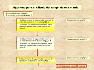 Algoritmo para el cálculo del rango de una matriz 
• Si el determinante de alguna matriz cuadrada de 
orden dos es distinto de cero rang(A) ³ 2. 
• Si el determinante de alguna matriz cuadrada de 
orden dos es distinto de cero rang(A) ³ 2. 
• Se añaden a la matriz anterior todas las filas y 
columnas posibles para formar matrices de 
orden 3. 
• Se añaden a la matriz anterior todas las filas y 
columnas posibles para formar matrices de 
orden 3. 
• Si el determinante de alguna matriz cuadrada 
de orden tres es distinto de cero rang(A) ³ 3. 
• Si el determinante de alguna matriz cuadrada 
de orden tres es distinto de cero rang(A) ³ 3. 
• Se añaden a la matriz anterior todas las filas y 
columnas posibles para formar matrices de 
orden 4. 
• Se añaden a la matriz anterior todas las filas y 
columnas posibles para formar matrices de 
orden 4. 
En ccaassoo ccoonnttrraarriioo rraanngg((AA)) == 11 
EEnn ccaassoo ccoonnttrraarriioo rraanngg((AA)) == 22 
• Si el determinante de alguna matriz cuadrada de 
orden cuatro es distinto de cero rang(A) ³ 4. 
• Si el determinante de alguna matriz cuadrada de 
orden cuatro es distinto de cero rang(A) ³ 4. 
EEnn ccaassoo ccoonnttrraarriioo rraanngg((AA)) == 33 
YY aassíí hhaassttaa qquuee nnoo sseeaa ppoossiibbllee ccoonnttiinnuuaarr 
• El rango de la matriz nula es 0. 
• Si la matriz A no es nula rang(A) ³ 1. 
• El rango de la matriz nula es 0. 
• Si la matriz A no es nula rang(A) ³ 1. 
 