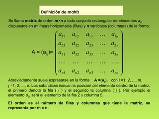Definición de matríz
Se llama matriz de orden m×n a todo conjunto rectangular de elementos aij
dispuestos en m líneas horizontales (filas) y n verticales (columnas) de la forma:
Abreviadamente suele expresarse en la forma A =(aij), con i =1, 2, ..., m,
j =1, 2, ..., n. Los subíndices indican la posición del elemento dentro de la matriz,
el primero denota la fila ( i ) y el segundo la columna ( j ). Por ejemplo el
elemento a25 será el elemento de la fila 2 y columna 5.
El orden es el número de filas y columnas que tiene la matriz, se
representa por m x n.
















nnnnn
n
n
n
aaaa
aaaa
aaaa
aaaa





321
3333231
2232221
1131211
A = (ai,j)=
 