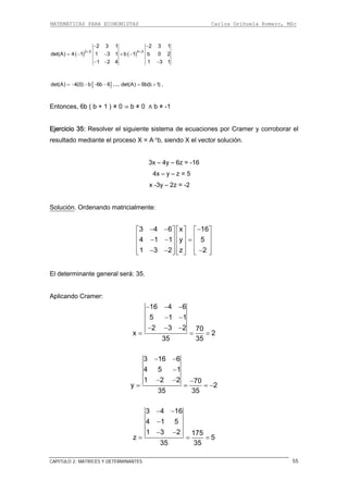 MATEMÁTICAS PARA ECONOMISTAS Carlos Orihuela Romero, MSc
CAPITULO 2: MATRICES Y DETERMINANTES 55
( ) ( )2 3 4 3
2 3 1 2 3 1
det(A) 4 1 1 3 1 b 1 b 0 2
1 2 4 1 3 1
+ +
− −
= − − + −
− − −
[ ]det(A) 4(0) b 6b 6= − − − − .... .
35: Resolver el siguiente sistema de ecuaciones por Cramer y corroborar el
resultado mediante el proceso X = A-1b, siendo X el vector solución.
3x – 4y = -16
4x – y – z = 5
x -3y – 2z = -2
olución
det(A) 6b(b 1)= +
Entonces, 6b ( b + 1 ) ≠ 0 ⇒ b ≠ 0 ⋀ b ≠ -1
Ejercicio
– 6z
S . Ordenando matricialmente:
⎤3 4 6 x 16− − −⎡ ⎤ ⎡ ⎤ ⎡
4 1 1 y 5
1 3 2 z 2
⎢ ⎥ ⎢ ⎥ ⎢ ⎥− − =⎢ ⎥ ⎢ ⎥ ⎢ ⎥
⎢ ⎥ ⎢ ⎥ ⎢ ⎥− − −⎣ ⎦ ⎣ ⎦ ⎣ ⎦
El determinante general será: 35.
Aplicando Cramer:
16 4 6
5 1 1
2 3 2 70
x 2
35 35
− − −
− −
− − −
= = =
3 16 6
4 5 1
1 2 2 70
y = 2
35 35
− −
−
− − −
= = −
3 4 16
4 1 5
1 3 2 175
z 5
35 35
− −
−
− −
= = =
 