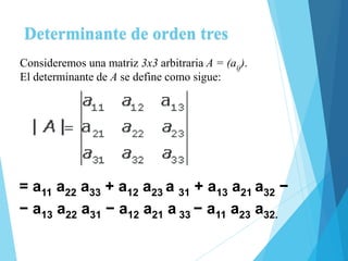 = a11 a22 a33 + a12 a23 a 31 + a13 a21 a32 −
− a13 a22 a31 − a12 a21 a 33 − a11 a23 a32.
Consideremos una matriz 3x3 arbitraria A = (aij).
El determinante de A se define como sigue:
Determinante de orden tres
 