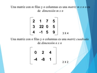 Una matriz con m filas y n columnas es una matriz m x n o es
de dimensión m x n
2 1 7 5
3 22 0 5
4 -1 5 9
Una matriz con n filas y n columnas es una matriz cuadrada
de dimensión n x n
0 2 4
-4 -8 1
3 X 4
2 X 2
 