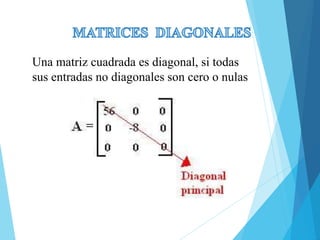 Una matriz cuadrada es diagonal, si todas
sus entradas no diagonales son cero o nulas
 
