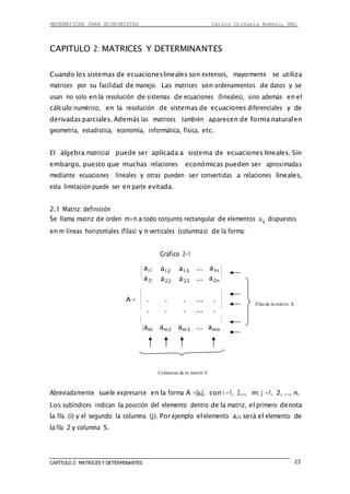 MATEMÁTICAS PARA ECONOMISTAS Carlos Orihuela Romero, MSc
23CAPITULO 2: MATRICES Y DETERMINANTES
CAPITULO 2: MATRICES Y DETERMINANTES
Cuando los sistemas de ecuacioneslineales son extensos, mayormente se utiliza
matrices por su facilidad de manejo. Las matrices son ordenamientos de datos y se
usan no solo en la resolución de sistemas de ecuaciones (lineales), sino además en el
cálculo numérico, en la resolución de sistemas de ecuaciones diferenciales y de
derivadas parciales. Además las matrices también aparecen de forma naturalen
geometría, estadística, economía, informática, física, etc.
El álgebra matricial puede ser aplicada a sistema de ecuaciones lineales. Sin
embargo, puesto que muchas relaciones económicas pueden ser aproximadas
mediante ecuaciones lineales y otras pueden ser convertidas a relaciones lineales,
esta limitación puede ser en parte evitada.
2.1 Matriz: definición
Se llama matriz de orden m×n a todo conjunto rectangular de elementos aij dispuestos
en m líneas horizontales (filas) y n verticales (columnas) de la forma:
Gráfico 2-1
⎡ a11
⎢ a21
a12
a22
a13
a23
... a1n ⎤
... a2n
⎢
⎢ ⎢
A = ⎢
⎢
. . . ... . ⎢
. . . ... .
⎢ Filas de la matriz A
⎢ ⎢
⎢⎣am1 am2 am3 ... amn
Columnas de la matriz A
Abreviadamente suele expresarse en la forma A =[aij], con i =1, 2,..., m; j =1, 2, ..., n.
Los subíndices indican la posición del elemento dentro de la matriz, el primero denota
la fila (i) y el segundo la columna (j). Por ejemplo el elemento a25 será el elemento de
la fila 2 y columna 5.
 