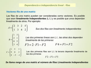 Dependencia e independencia lineal : filas
Vectores fila de una matriz:
Las filas de una matriz pueden ser consideradas como vectores. Es posible
que sean linealmente Independientes (L.I.) y es posible que unos dependan
linealmente de otros. Por ejemplo:
Sus dos filas son linealmente independientes





=
2431
5232
A
Las dos primeras líneas son L.I., las otras dos dependen
linealmente de las primeras














=
43
50
12
31
B
2123 FFF −⋅= 214 FFF +=
Las dos primeras filas son L.I. la tercera depende linealmente de
las dos primeras









−−
=
158
209
351
C
312 FFF =−
Se llama rango de una matriz al número de filas Linealmente Independientes
 