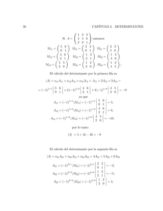 38 CAPÍTULO 2. DETERMINANTES.
Si A =
0
@
1 2 3
4 5 6
2 0 1
1
A entonces
M11 =
5 6
0 1
M21 =
2 3
0 1
M31 =
2 3
5 6
M12 =
4 6
2 1
M22 =
1 3
2 1
M32 =
1 3
4 6
M13 =
4 5
2 0
M23 =
1 2
2 0
M33 =
1 2
4 5
;
El cálculo del determinante por la primera …la es
jAj = a11A11 + a12A12 + a13A13 = A11 + 2A12 + 3A13 =
= ( 1)1+1 5 6
0 1
+ 2 ( 1)1+2 4 6
2 1
+ 3 ( 1)1+3 4 5
2 0
= 9
ya que
A11 = ( 1)1+1
jM11j = ( 1)1+1 5 6
0 1
= 5;
A12 = ( 1)1+2
jM12j = ( 1)1+2 4 6
2 1
= 8;
A13 = ( 1)1+3
jM13j = ( 1)1+3 4 5
2 0
= 10;
por lo tanto
jAj = 5 + 16 30 = 9
El cálculo del determinante por la segunda …la es
jAj = a21A21 + a22A22 + a23A23 = 4A21 + 5A22 + 6A23
A21 = ( 1)2+1
jM21j = ( 1)2+1 2 3
0 1
= 2;
A22 = ( 1)2+2
jM22j = ( 1)2+2 1 3
2 1
= 5;
A23 = ( 1)2+3
jM23j = ( 1)2+3 1 2
2 0
= 4;
 