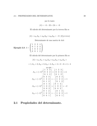 2.1. PROPIEDADES DEL DETERMINANTE. 39
por lo tanto
jAj = 8 25 + 24 = 9
El cálculo del determinante por la tercera …la es
jAj = a31A31 + a32A32 + a33A33 = 9 (Ejercicio)
Determinante de una matriz de 4x4:
Ejemplo 2.3 A =
0
B
B
@
1 2 3 4
0 1 2 3
1 0 3 2
0 0 1 2
1
C
C
A
El cálculo del determinante por la primera …la es
jAj = a11A11 + a12A12 + a13A13 + a14A14 =
= 1:A11 + 2:A12 + 3:A13 + 4:A14 = 4 + 2 6 + 4 = 4
ya que ;
A11 = ( 1)2
1 2 3
0 3 2
0 1 2
=
1 2 3
0 3 2
0 1 2
= 4
A12 = ( 1)3
0 2 3
1 3 2
0 1 2
=
0 2 3
1 3 2
0 1 2
= 1
A13 = ( 1)4
0 1 3
1 0 2
0 0 2
=
0 1 3
1 0 2
0 0 2
= 2
A14 = ( 1)5
0 1 2
1 0 3
0 0 1
=
0 1 2
1 0 3
0 0 1
= 1
2.1 Propiedades del determinante.
 
