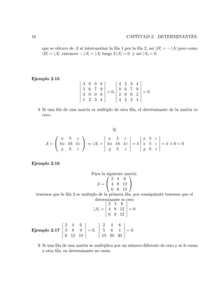 44 CAPÍTULO 2. DETERMINANTES.
que se obtuvo de A al intercambiar la …la 1 por la …la 2, así jBj = jAj pero como
jBj = jAj ;entonces jAj = jAj luego 2 jAj = 0 y así jAj = 0:
Ejemplo 2.15
3 0 0 0
5 6 7 9
3 0 0 0
1 2 3 4
= 0;
4 2 3 4
9 6 7 9
2 0 0 2
4 2 3 4
= 0
8 Si una …la de una matriz es múltiplo de otra …la, el determinante de la matriz es
cero.
Si
A =
0
@
a b c
ka kb kc
g h i
1
A ) jAj =
a b c
ka kb kc
g h i
= k
a b c
a b c
g h i
= k 0 = 0
Ejemplo 2.16
Para la siguiente matriz.
A =
0
@
2 4 6
4 8 12
6 8 12
1
A
tenemos que la …la 2 es multiplo de la primera …la, por consiguiente tenemos que el
determinante es cero
jAj =
2 4 6
4 8 12
6 8 12
= 0
Ejemplo 2.17
2 4 6
3 8 9
6 12 18
= 0;
2 4 6
5 8 1
10 20 30
= 0
9 Si una …la de una matriz se multiplica por un número diferente de cero y se le suma
a otra …la, su determinante no varía.
 