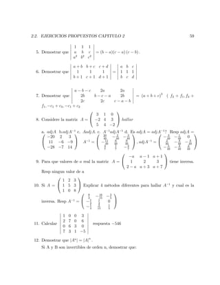 2.2. EJERCICIOS PROPUESTOS CAPITULO 2 59
5. Demostrar que
1 1 1
a b c
a2
b2
c2
= (b a)(c a) (c b) :
6. Demostrar que
a + b b + c c + d
1 1 1
b + 1 c + 1 d + 1
=
a b c
1 1 1
b c d
7. Demostrar que
a b c 2a 2a
2b b c a 2b
2c 2c c a b
= (a + b + c)3
( f2 + f1; f3 +
f1; c1 + c3; c1 + c2
8. Considere la matriz A =
0
@
3 1 0
2 4 3
5 4 2
1
A hallar
a. adjA b.adjA 1
c. AadjA: c. A 1
adjA 1
d. Es adjA = adjA 1
? Resp adjA =0
@
20 2 3
11 6 9
28 7 14
1
A A 1
=
0
@
20
49
2
49
3
49
11
49
6
49
9
49
4
7
1
7
2
7
1
A , adjA 1
=
0
@
3
49
1
49
0
2
49
4
49
3
49
5
49
4
49
2
49
1
A
9. Para que valores de a real la matriz A =
0
@
a a 1 a + 1
1 2 3
2 a a + 3 a + 7
1
A tiene inversa.
Resp ningun valor de a
10. Si A =
0
@
1 2 3
1 5 3
1 0 8
1
A Explicar 4 métodos diferentes para hallar A 1
y cual es la
inversa. Resp A 1
=
0
@
8
3
16
15
3
5
1
3
1
3
0
1
3
2
15
1
5
1
A
11. Calcular
1 0 0 3
2 7 0 6
0 6 3 0
7 3 1 5
respuesta 546
12. Demostrar que jAn
j = jAjn
:
Si A y B son invertibles de orden n, demostrar que:
 