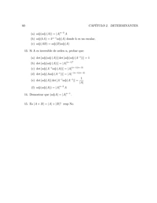 60 CAPÍTULO 2. DETERMINANTES.
(a) adj(adj (A)) = jAjn 2
A
(b) adj(kA) = kn 1
adj(A) donde k es un escalar.
(c) adj(AB) = adj(B)adj(A)
13. Si A es inversible de orden n, probar que:
(a) det [adj(adj (A))] det [adj(adj (A 1
))] = 1
(b) det [adj(adj (A))] = jAj(n 1)2
(c) det [adj(A 1
adj (A))] = jAj(n 1)(n 2)
(d) det [adj(Aadj (A 1
))] = jAj (n 1)(n 2)
(e) det [adj(A)] det [A 1
adj(A 1
)] =
1
jAj
(f) adj(adj(A)) = jAjn 2
A
14. Demostrar que jadjAj = jAjn 1
:
15. Es jA + Bj = jAj + jBj? resp No
 