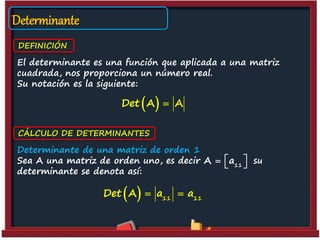 Determinante
DEFINICIÓN
El determinante es una función que aplicada a una matriz
cuadrada, nos proporciona un número real.
Su notación es la siguiente:
 Det A A
CÁLCULO DE DETERMINANTES
Determinante de una matriz de orden 1
Sea A una matriz de orden uno, es decir su
determinante se denota así:
11
A a   
  11 11
Det A a a 
 