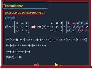 Determinante
CÁLCULO DE DETERMINANTES
Ejemplo
1 2 3
Si A 1 0 4
2 1 5
 
 
  
  
 
1 2 3 1 2 3 1 2
Det A 1 0 4 1 0 4 1 0
2 1 5 2 1 5 2 1
    
  
               Det A 1.0.5 2.4. 2 3. 1.1 2.0.3 1.4.1 5. 1.2         
     Det A 0 16 3 0 4 10     
     Det A 19 6   
 Det A 13 
 