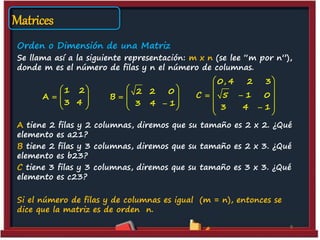 Matrices
9
Orden o Dimensión de una Matriz
Se llama así a la siguiente representación: m x n (se lee “m por n”),
donde m es el número de filas y n el número de columnas.
A tiene 2 filas y 2 columnas, diremos que su tamaño es 2 x 2. ¿Qué
elemento es a21?
B tiene 2 filas y 3 columnas, diremos que su tamaño es 2 x 3. ¿Qué
elemento es b23?
C tiene 3 filas y 3 columnas, diremos que su tamaño es 3 x 3. ¿Qué
elemento es c23?
Si el número de filas y de columnas es igual (m = n), entonces se
dice que la matriz es de orden n.
1 2
A
3 4
 
  
 
 
2 2 0
B
3 4 1
 
 
  
0, 4 2 3
C 5 1 0
3 4 1
 
 
  
  
 
 