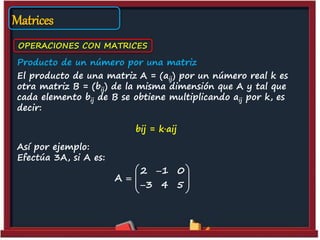 Matrices
OPERACIONES CON MATRICES
Producto de un número por una matriz
El producto de una matriz A = (aij) por un número real k es
otra matriz B = (bij) de la misma dimensión que A y tal que
cada elemento bij de B se obtiene multiplicando aij por k, es
decir:
bij = k·aij
Así por ejemplo:
Efectúa 3A, si A es:
2 1 0
A
3 4 5
 
  
  
 