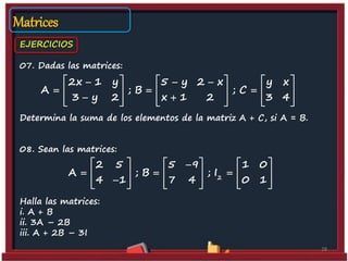 07. Dadas las matrices:
Determina la suma de los elementos de la matriz A + C, si A = B.
08. Sean las matrices:
Halla las matrices:
i. A + B
ii. 3A – 2B
iii. A + 2B – 3I
28
EJERCICIOS
Matrices
2x 1 y 5 y 2 x y x
A ; B ; C
3 y 2 x 1 2 3 4
       
       
           
2
2 5 5 9 1 0
A ; B ; I
4 1 7 4 0 1
     
       
          
 