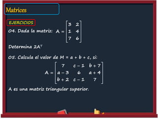 Matrices
EJERCICIOS
04. Dada la matriz:
Determina 2AT
05. Calcula el valor de M = a + b + c, si:
A es una matriz triangular superior.
3 2
A 1 4
7 6
 
 
  
 
 
7 c 1 b 7
A a 3 6 a 4
b 2 c 1 7
  
 
   
   
 