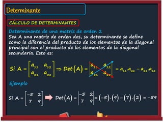Determinante
CÁLCULO DE DETERMINANTES
Determinante de una matriz de orden 2
Sea A una matriz de orden dos, su determinante se define
como la diferencia del producto de los elementos de la diagonal
principal con el producto de los elementos de la diagonal
secundaria. Esto es:
 11 12 11 12
21 22 21 22
a a a a
Si A Det A
a a a a
 
   
  
Ejemplo
5 2
Si A
7 9
 
  
  
 
5 2
Det A
7 9

 59 
11 22 21 12
a .a a .a 
       5 . 9 7 . 2  
 