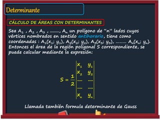 Determinante
CÁLCULO DE ÁREAS CON DETERMINANTES
Sea A1 , A2 , A3 , ........, An un polígono de “n” lados cuyos
vértices nombrados en sentido antihorario, tiene como
coordenadas : A1(x1; y1), A2(x2; y2), A3(x3; y3), ……… An(xn; yn).
Entonces el área de la región poligonal S correspondiente, se
puede calcular mediante la expresión:
1 1
2 2
n n
x y
x y
1
.... ....S
2
.... ....
x y

Llamada también formula determinante de Gauss
 