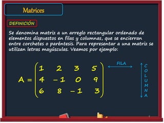8
Se denomina matriz a un arreglo rectangular ordenado de
elementos dispuestos en filas y columnas, que se encierran
entre corchetes o paréntesis. Para representar a una matriz se
utilizan letras mayúsculas. Veamos por ejemplo:
DEFINICIÓN
1 2 3 5
A 4 1 0 9
6 8 1 3
 
 
  
  
FILA
C
O
L
U
M
N
A
Matrices
 