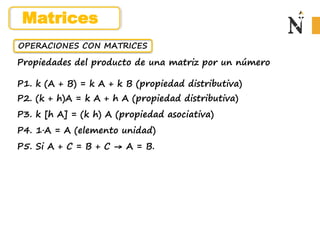 OPERACIONES CON MATRICES
Propiedades del producto de una matriz por un número
P1. k (A + B) = k A + k B (propiedad distributiva)
P2. (k + h)A = k A + h A (propiedad distributiva)
P3. k [h A] = (k h) A (propiedad asociativa)
P4. 1·A = A (elemento unidad)
P5. Si A + C = B + C → A = B.
Matrices
 