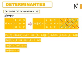 CÁLCULO DE DETERMINANTES
Ejemplo
1 2 3
Si A 1 0 4
2 1 5
 
 
 
 
 

 
 
1 2 3 1 2 3 1 2
Det A 1 0 4 1 0 4 1 0
2 1 5 2 1 5 2 1
    
  
       
       
 
Det A 1.0.5 2.4. 2 3. 1.1 2.0.3 1.4.1 5. 1.2
         
     
Det A 0 16 3 0 4 10
     
     
Det A 19 6
   
 
Det A 13
 
DETERMINANTES
 