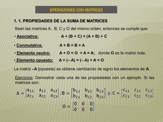 OPERACIONES CON MATRICES
1. 1. PROPIEDADES DE LA SUMA DE MATRICES
Sean las matrices A, B, C y O del mismo orden, entonces se cumple que:
• Asociativa: A + (B + C) = (A + B) + C
• Conmutativa: A + B = B + A
• Elemento neutro: A + O = O + A = A; donde O es la matriz nula.
• Elemento opuesto: A + (– A) = (– A) + A = O
La matriz –A (opuesta) se obtiene cambiando de signo los elementos de A.
Ejercicios: Demostrar cada una de las propiedades con un ejemplo. Si las
matrices son:
 
