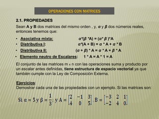OPERACIONES CON MATRICES
2.1. PROPIEDADES
Sean A y B dos matrices del mismo orden , y, α y β dos números reales,
entonces tenemos que:
• Distributiva I: α*(A + B) = α * A + α * B
• Distributiva II: (α + β) * A = α * A + β * A
• Elemento neutro de Escalares: 1 * A = A * 1 = A
• Asociativa mixta: α*(β *A) = (α* β )*A
El conjunto de las matrices m x n con las operaciones suma y producto por
un escalar antes definidas, tiene estructura de espacio vectorial ya que
también cumple con la Ley de Composición Externa.
Ejercicios:
Demostrar cada una de las propiedades con un ejemplo. Si las matrices son:
 