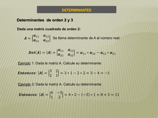 Dada una matriz cuadrada de orden 2:
Se llama determinante de A al número real:
DETERMINANTES
Determinantes de orden 2 y 3
𝑨 =
𝒂11 𝒂12
𝒂21 𝒂22
𝑫𝒆𝒕 𝑨 = 𝑨 =
𝒂11 𝒂12
𝒂21 𝒂22
= 𝒂11 ∗ 𝒂22 − 𝒂12 ∗ 𝒂21
Ejemplo 1: Dada la matriz A. Calcule su determinante:
𝑬𝒏𝒕𝒐𝒏𝒄𝒆𝒔: 𝑨 =
3 2
2 1
= 3 ∗ 1 − 2 ∗ 2 = 3 − 4 = −1
Ejemplo 2: Dada la matriz A. Calcule su determinante:
𝑬𝒏𝒕𝒐𝒏𝒄𝒆𝒔: 𝑨 =
4 −3
1 2
= 4 ∗ 2 − −3 ∗ 1 = 8 + 3 = 11
 