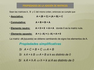 PROPIEDADES DE LA ADICIÓN DE MATRICES
• Asociativa: A + (B + C) = (A + B) + C
• Conmutativa: A + B = B + A
• Elemento neutro: A + 0 = 0 + A = A donde 0 es la matriz nula.
• Elemento opuesto: A + (– A) = (– A) + A = 0
La matriz –A (opuesta) se obtiene cambiando de signo los elementos de A.
Sean las matrices A, B y C del mismo orden, entonces se cumple que:
 
