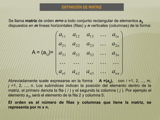 DEFINICIÓN DE MATRIZ
Se llama matriz de orden m×n a todo conjunto rectangular de elementos aij
dispuestos en m líneas horizontales (filas) y n verticales (columnas) de la forma:
Abreviadamente suele expresarse en la forma A =(aij), con i =1, 2, ..., m,
j =1, 2, ..., n. Los subíndices indican la posición del elemento dentro de la
matriz, el primero denota la fila ( i ) y el segundo la columna ( j ). Por ejemplo el
elemento a25 será el elemento de la fila 2 y columna 5.
El orden es el número de filas y columnas que tiene la matriz, se
representa por m x n.
















nnnnn
n
n
n
aaaa
aaaa
aaaa
aaaa





321
3333231
2232221
1131211
A = (ai,j)=
 