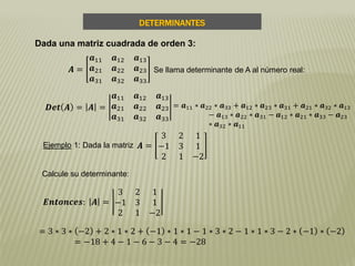 DETERMINANTES
Dada una matriz cuadrada de orden 3:
𝑨 =
𝒂11 𝒂12 𝒂13
𝒂21 𝒂22 𝒂23
𝒂31 𝒂32 𝒂33
Se llama determinante de A al número real:
𝑫𝒆𝒕 𝑨 = 𝑨 =
𝒂11 𝒂12 𝒂13
𝒂21 𝒂22 𝒂23
𝒂31 𝒂32 𝒂33
= 𝒂11 ∗ 𝒂22 ∗ 𝒂33 + 𝒂12 ∗ 𝒂23 ∗ 𝒂31 + 𝒂21 ∗ 𝒂32 ∗ 𝒂13
− 𝒂13 ∗ 𝒂22 ∗ 𝒂31 − 𝒂12 ∗ 𝒂21 ∗ 𝒂33 − 𝒂23
∗ 𝒂32 ∗ 𝒂11
Ejemplo 1: Dada la matriz
𝑬𝒏𝒕𝒐𝒏𝒄𝒆𝒔: 𝑨 =
3 2 1
−1 3 1
2 1 −2
= 3 ∗ 3 ∗ −2 + 2 ∗ 1 ∗ 2 + −1 ∗ 1 ∗ 1 − 1 ∗ 3 ∗ 2 − 1 ∗ 1 ∗ 3 − 2 ∗ −1 ∗ −2
= −18 + 4 − 1 − 6 − 3 − 4 = −28
𝑨 =
3 2 1
−1 3 1
2 1 −2
Calcule su determinante:
 