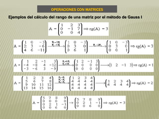 OPERACIONES CON MATRICES
Ejemplos del cálculo del rango de una matriz por el método de Gauss I
 