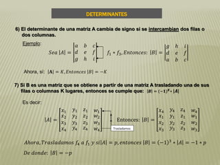 DETERMINANTES
6) El determinante de una matriz A cambia de signo si se intercambian dos filas o
dos columnas.
Ejemplo:
Ahora, sí: 𝐀 = 𝐾, 𝐸𝑛𝑡𝑜𝑛𝑐𝑒𝑠 𝐵 = −𝐾
7) Si B es una matriz que se obtiene a partir de una matriz A trasladando una de sus
filas o columnas K lugares, entonces se cumple que: 𝑩 = (−𝟏) 𝑲
∗ 𝑨
𝑆𝑒𝑎 𝐴 =
𝑎 𝑏 𝑐
𝑑 𝑒 𝑓
𝑔 𝑕 𝑖
𝑓1 ∗ 𝑓3, 𝐸𝑛𝑡𝑜𝑛𝑐𝑒𝑠: 𝐵 =
𝑔 𝑕 𝑖
𝑑 𝑒 𝑓
𝑎 𝑏 𝑐
Es decir:
𝐴 =
𝑥1 𝑦1 𝑧1 𝑤1
𝑥2
𝑥3
𝑦2 𝑧2
𝑦3 𝑧3
𝑤2
𝑤3
𝑥4 𝑦4 𝑧4 𝑤4
Entonces: 𝐵 =
𝑥4 𝑦4 𝑧4 𝑤4
𝑥1
𝑥2
𝑦1 𝑧1
𝑦2 𝑧2
𝑤1
𝑤2
𝑥3 𝑦3 𝑧3 𝑤3Trasladamos
𝐴𝑕𝑜𝑟𝑎, 𝑇𝑟𝑎𝑠𝑙𝑎𝑑𝑎𝑚𝑜𝑠 𝑓4 𝑎 𝑓1 𝑦 𝑠𝑖 𝐴 = 𝑝, 𝑒𝑛𝑡𝑜𝑛𝑐𝑒𝑠 𝐵 = −1 3 ∗ 𝐴 = −1 ∗ 𝑝
𝐷𝑒 𝑑𝑜𝑛𝑑𝑒: 𝐵 = −𝑝
 
