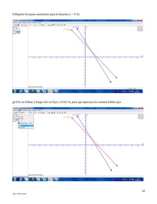 f) Repetir los pasos anteriores para la función y = 5-3x

g) Clic en Editar y luego clic en Ejes, o Ctrl+A, para que aparezca la ventana Editar ejes

14
Mgs. Mario Suárez

 