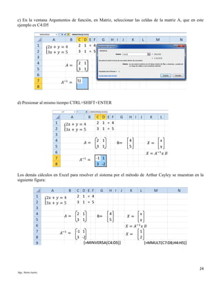 c) En la ventana Argumentos de función, en Matriz, seleccionar las celdas de la matriz A, que en este
ejemplo es C4:D5

d) Presionar al mismo tiempo CTRL+SHIFT+ENTER

Los demás cálculos en Excel para resolver el sistema por el método de Arthur Cayley se muestran en la
siguiente figura:

24
Mgs. Mario Suárez

 