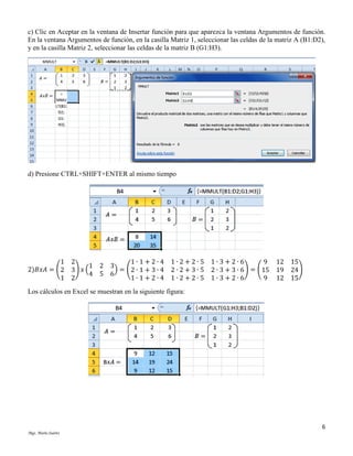 c) Clic en Aceptar en la ventana de Insertar función para que aparezca la ventana Argumentos de función.
En la ventana Argumentos de función, en la casilla Matriz 1, seleccionar las celdas de la matriz A (B1:D2),
y en la casilla Matriz 2, seleccionar las celdas de la matriz B (G1:H3).

d) Presione CTRL+SHIFT+ENTER al mismo tiempo

1
2)𝐵𝑥𝐴 = (2
1

2
1∙1+2∙4
1 2 3
) 𝑥(
) = (2 ∙ 1 + 3 ∙ 4
3
4 5 6
2
1∙1+2∙4

1∙2+2∙5
2∙2+3∙5
1∙2+2∙5

1∙3+2∙6
9
) = (15
2∙3+3∙6
1∙3+2∙6
9

12 15
19 24)
12 15

Los cálculos en Excel se muestran en la siguiente figura:

6
Mgs. Mario Suárez

 
