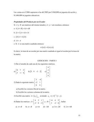 15
Las ventas en el 2006 superaron a las del 2003 por $ 960,000 en juguetes de acción y
$1,480,000 en juguetes educativos.
Propiedades del Producto por un Escalar
Si A y B son matrices del mismo tamaño y k y l son escalares, entonces
a. ( )k A B kA kB+ = +
b. ( )k l A kA lA+ = +
c. ( ) ( )kl A k lA=
d. 1A A=
e. Si A es una matriz cuadrada entonces
( ) ( )( )tr kA k tr A=
Es decir, la traza de un escalar por una matriz cuadrada es igual al escalar por la traza de
la matriz.
EJERCICIOS – PARTE I
1) Dar el tamaño de cada una de las siguientes matrices.
a)
0 7 2
5 1 4
 
 − 
b) [ ]5 8 3 2− c)
4
1
8
9
 
 − 
 
 
 
2) Dada la siguiente matriz
5 4
2 1
0 8
− 
 − 
  
a) Escribir los vectores fila de la matriz.
b) Escribir los vectores columna de la matriz.
3) Escribir una matriz ( )3 2i jA a
×
= en donde ( ) ( )1
i j
i ja i j
+
= − − .
4) Dadas las matrices
4 3 1
2 0 5
A
 
=  − − 
y
8 4 5
3 2 0
B
− 
=  − 
, hallar:
a) A B+ b) A B− c) 4A d) 3B− e) 3 2A B− f) 2 4A B+
 