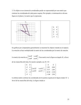 22
3. Un objeto en un sistema de coordenadas puede ser representado por una matriz que
contiene las coordenadas de cada punto esquina. Por ejemplo, a continuación se dá una
figura en el plano y la matriz que la representa.
0 0
2 4
0 4
2 2
3 1
 
 − 
 
 
− 
 − 
En gráficas por computadora generalmente se muestran los objetos rotando en el espacio.
La rotación se hace multiplicando la matriz de las coordenadas por la matriz de rotación.
La matriz de rotación es
cos
cos
sen
sen
θ θ
θ θ
− 
 
 
. Esta matriz rota la figura un ángulo θ , a favor
de las manecillas del reloj. En nuestro ejemplo, sea 52θ = 
.
0 0 0 0
2 4 1.92 4.04
cos52 52
0 4 3.15 2.46
52 cos52
2 2 0.34 2.81
3 1 1.06 2.98
sen
sen
   
   −    −
   = 
    − − −   
   − −   
 
 
La última matriz contiene las coordenadas de los puntos esquina de la figura rotada 52
a
favor de las manecillas del reloj. La figura rotada es
 