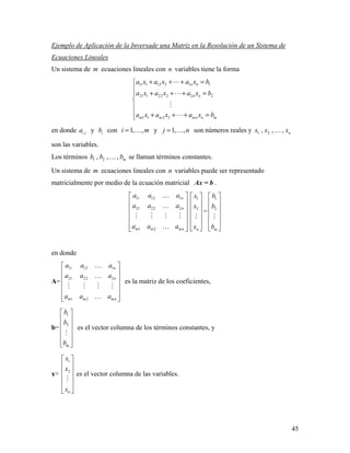45
Ejemplo de Aplicación de la Inversade una Matriz en la Resolución de un Sistema de
Ecuaciones Lineales
Un sistema de m ecuaciones lineales con n variables tiene la forma
11 1 12 2 1 1
21 1 22 2 2 2
1 1 2 2
n n
n n
m m mn n m
a x a x a x b
a x a x a x b
a x a x a x b
+ + + =

+ + + =


 + + + =




en donde i ja y ib con 1, ,i m=  y 1, ,j n=  son números reales y 1 2, , , nx x x
son las variables.
Los términos 1 2, , , mb b b se llaman términos constantes.
Un sistema de m ecuaciones lineales con n variables puede ser representado
matricialmente por medio de la ecuación matricial Ax = b .
11 12 1
21 22 2
1 2
n
n
m m mn
a a a
a a a
a a a
 
 
 
 
 
  


   

1
2
n
x
x
x
 
 
 
 
 
 

=
1
2
m
b
b
b
 
 
 
 
 
 

en donde
A=
11 12 1
21 22 2
1 2
n
n
m m mn
a a a
a a a
a a a
 
 
 
 
 
  


   

es la matriz de los coeficientes,
b=
1
2
m
b
b
b
 
 
 
 
 
 

es el vector columna de los términos constantes, y
x=
1
2
n
x
x
x
 
 
 
 
 
 

es el vector columna de las variables.
 